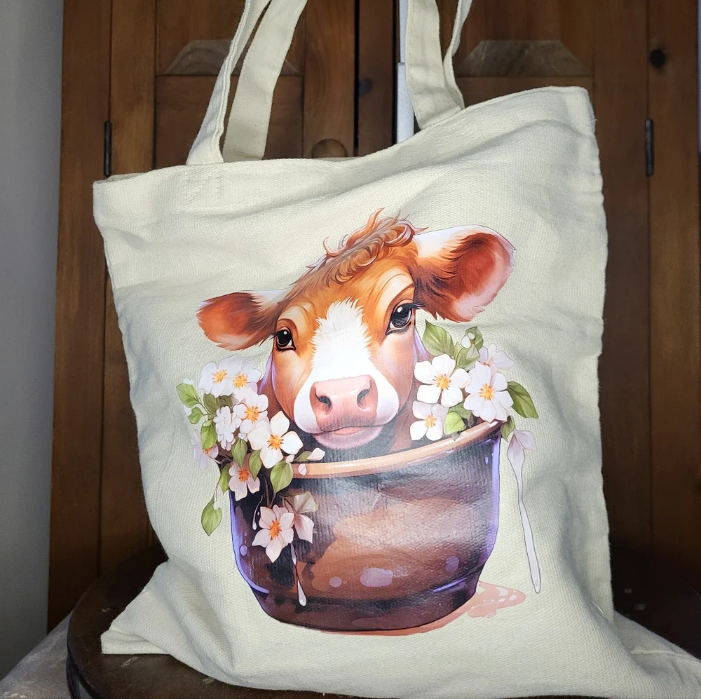 Canvas Tote Bag with Cow and Floral Design - Picture 2 of 13